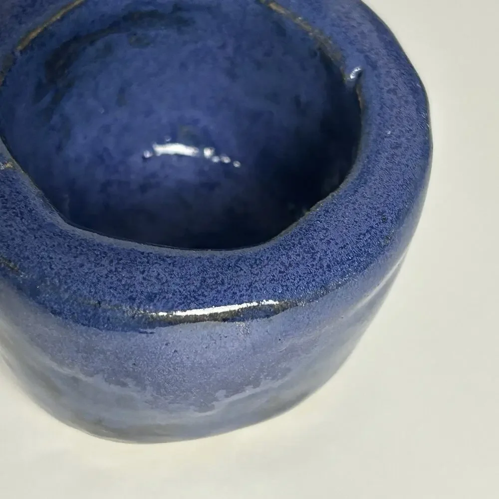 Handmade Studio Pottery Blue Glazed Pinch Bowl Salt Cellar Rustic Ceramic